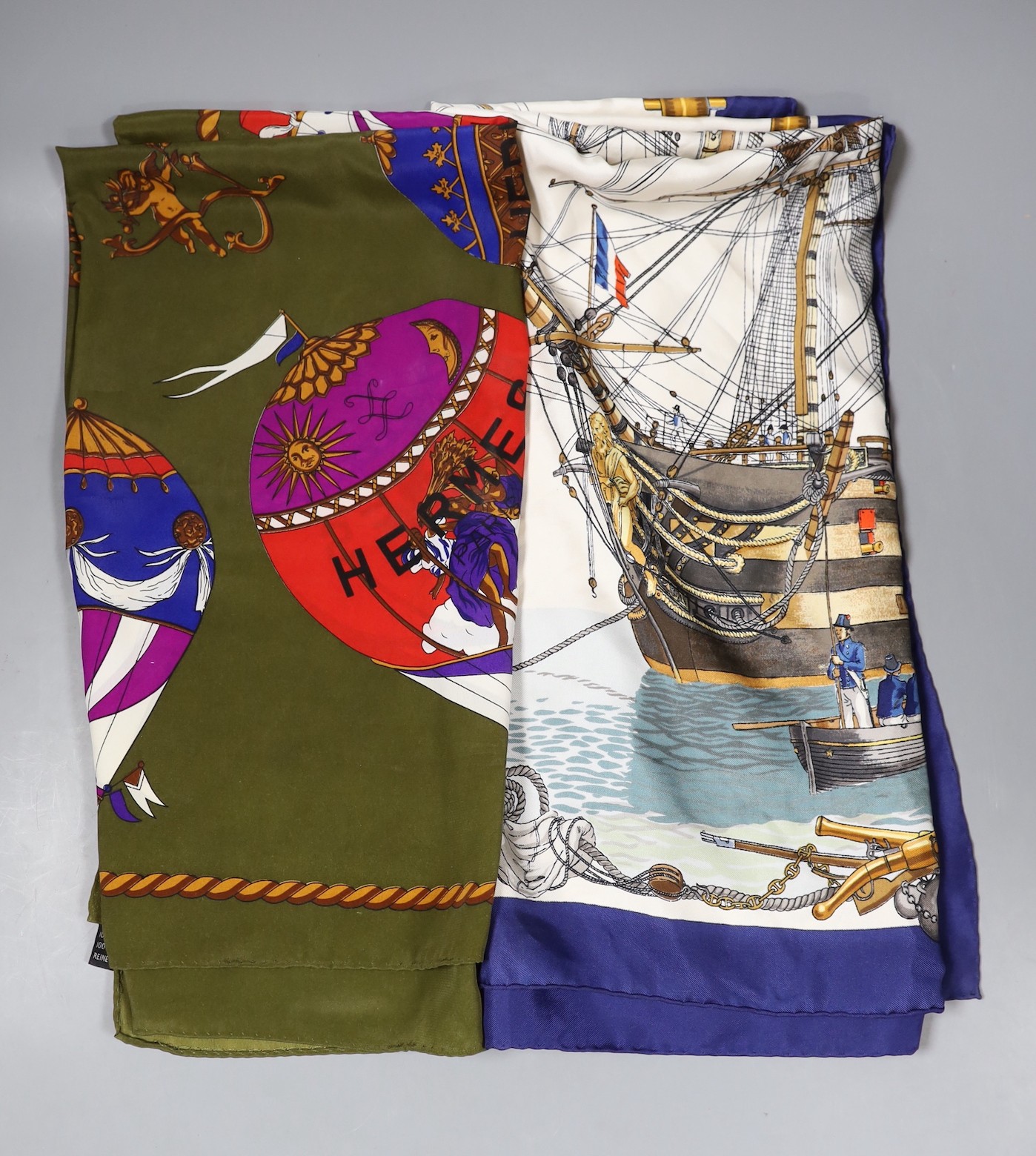 Two vintage Hermes silk scarves, one titled ‘L’Ocean’